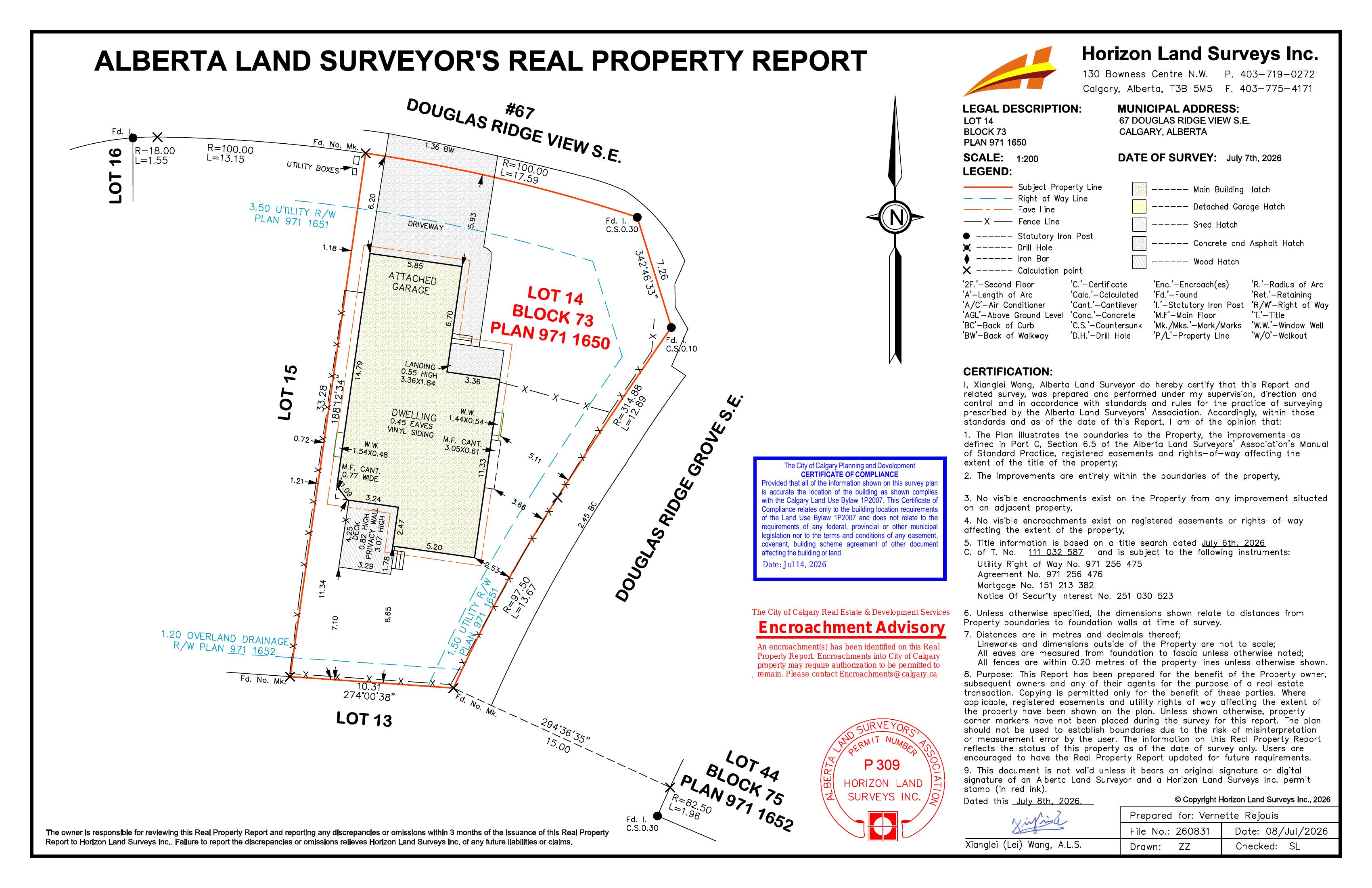 Real Property Report plan for 67 Douglas Ridge View SE showing lot lines, building footprint, and compliance certificates