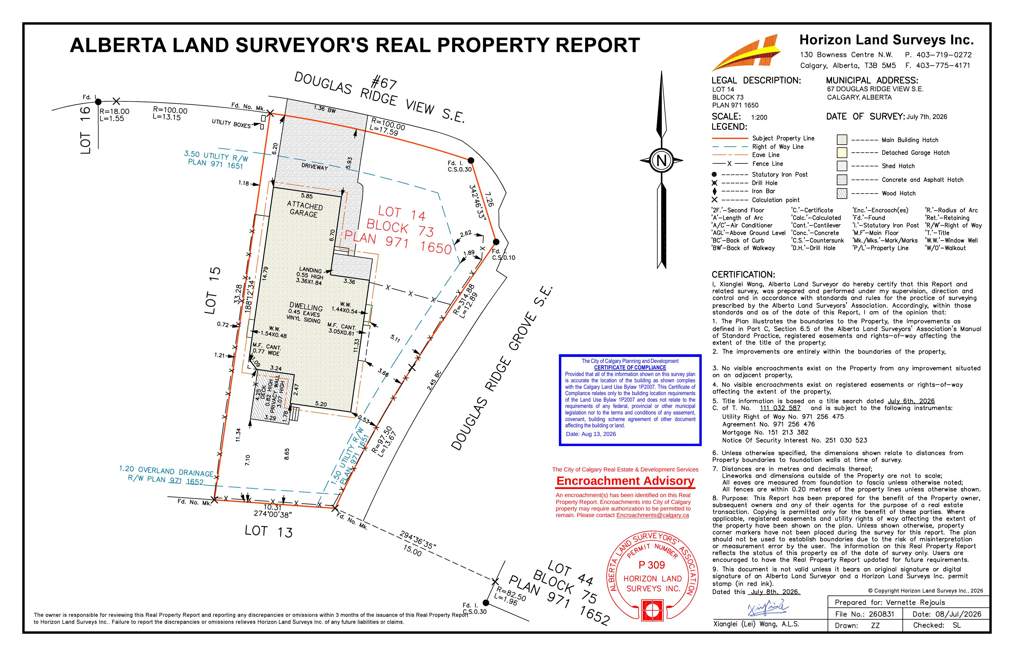 Real Property Report plan for 67 Douglas Ridge View SE showing lot lines, building footprint, and compliance certificates