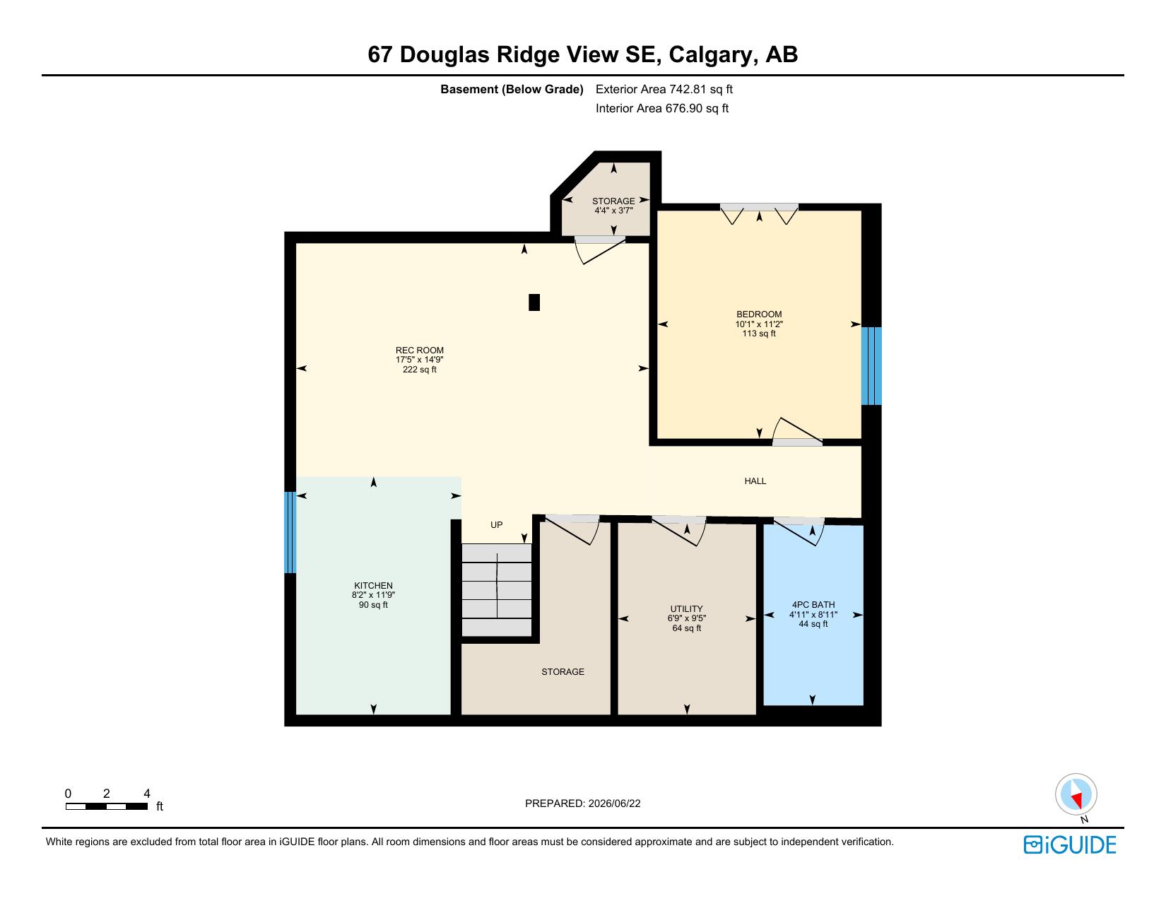 Basement floor plan with rec room, bedroom, kitchen and 4pc bath