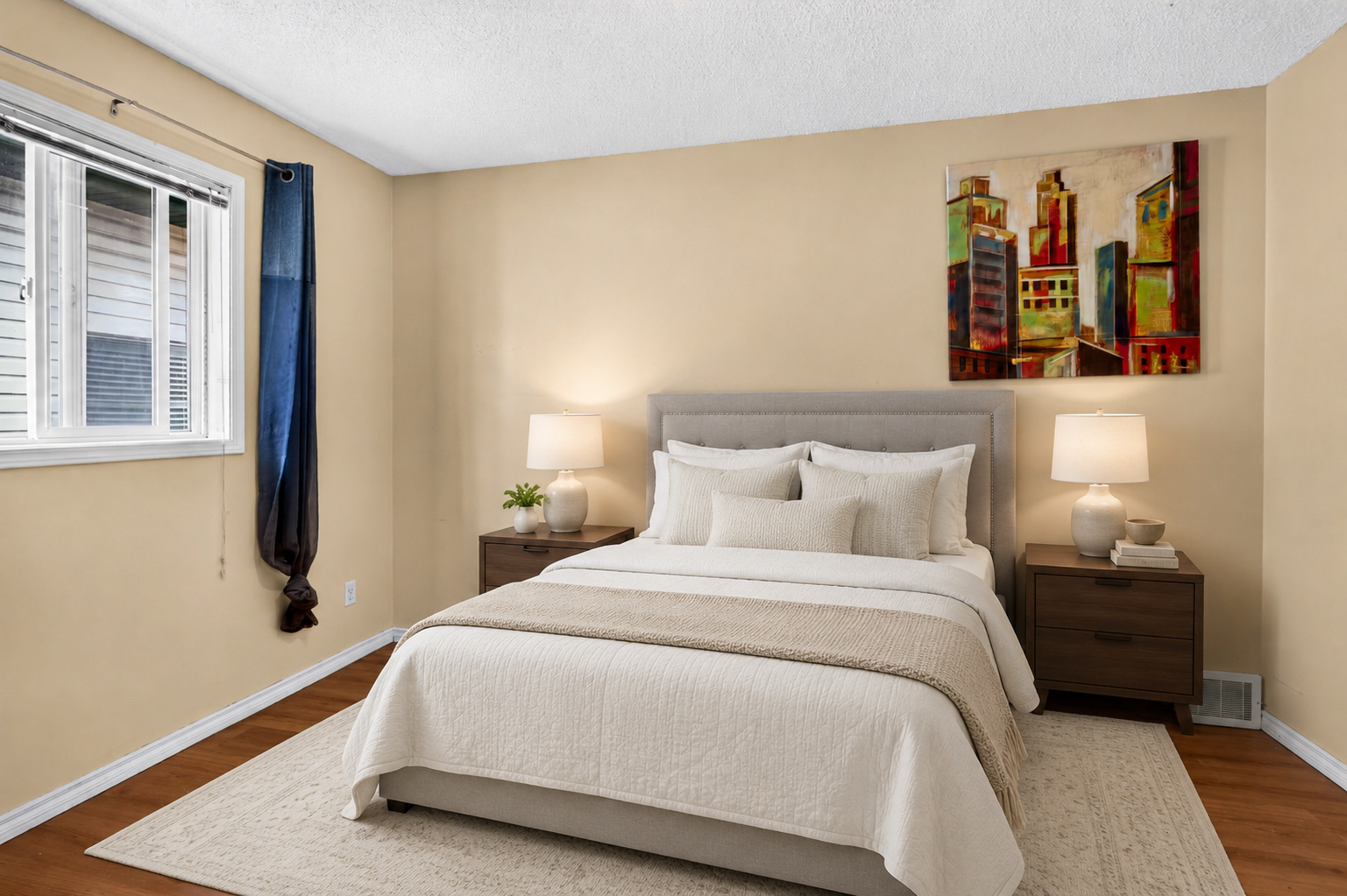 Staged primary bedroom with neutral finishes and bedside tables