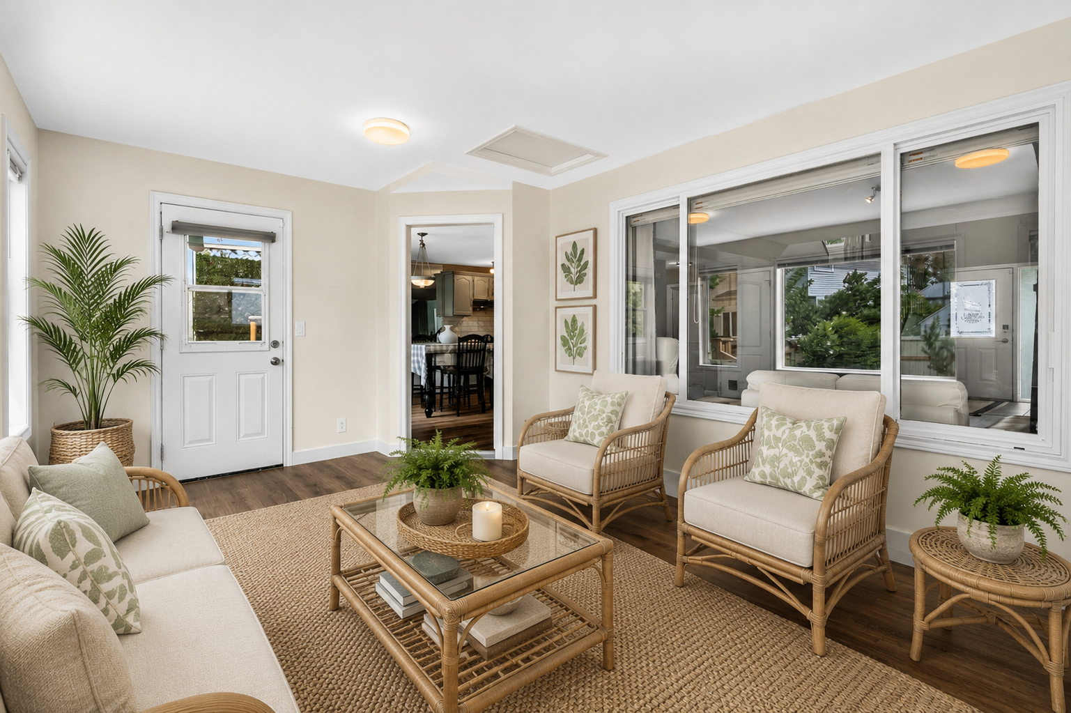 Sunroom seating area with woven chairs and garden views