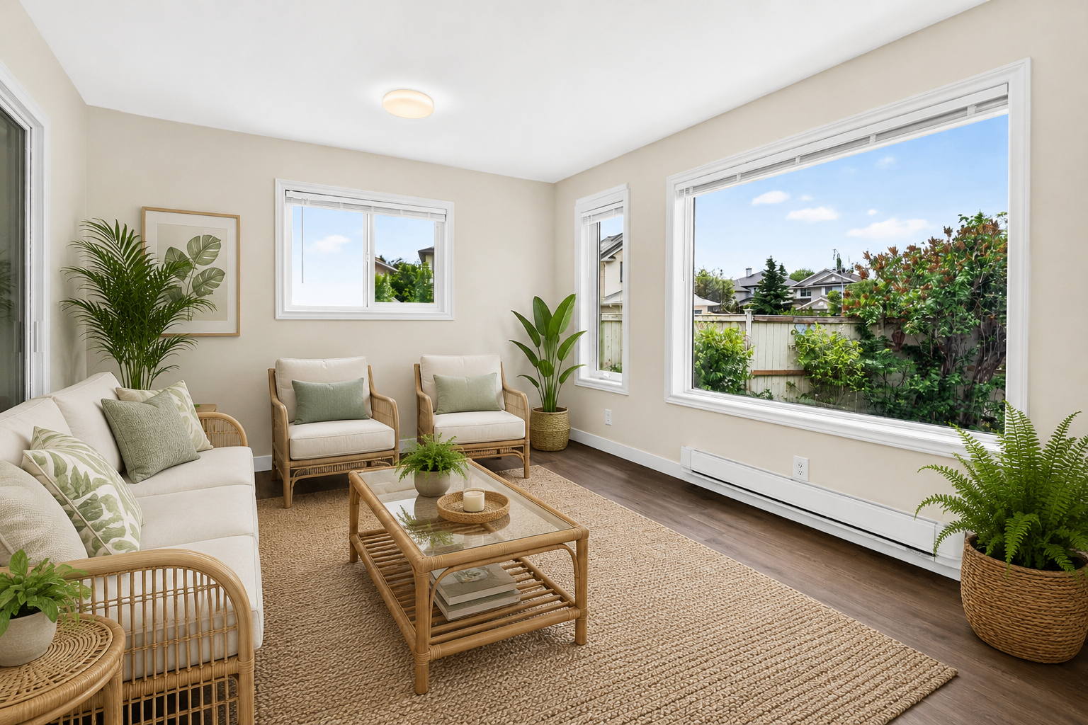 Wide view of the bright sunroom overlooking the backyard