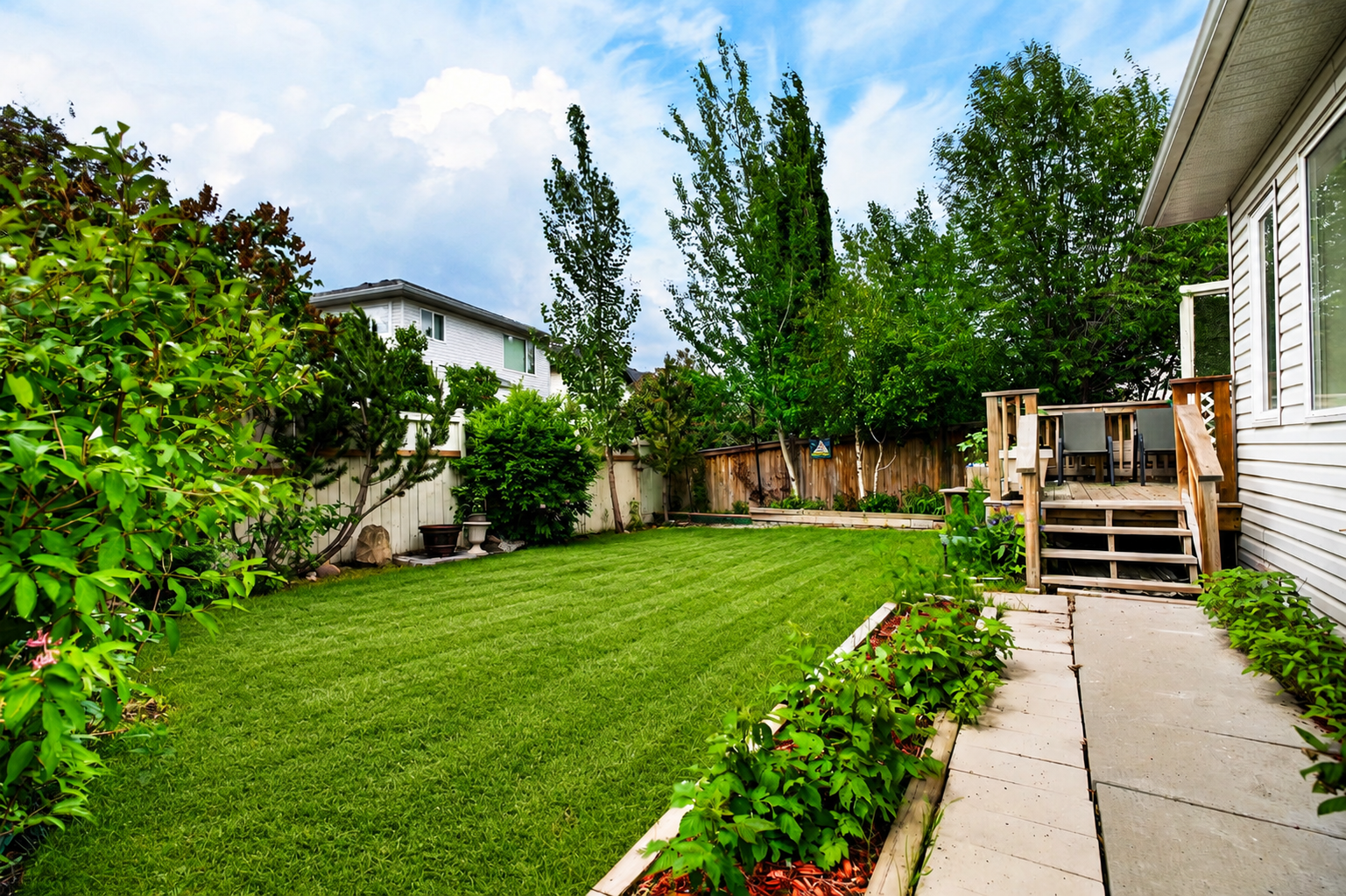 Side view of backyard with deck, garden path, and mature trees