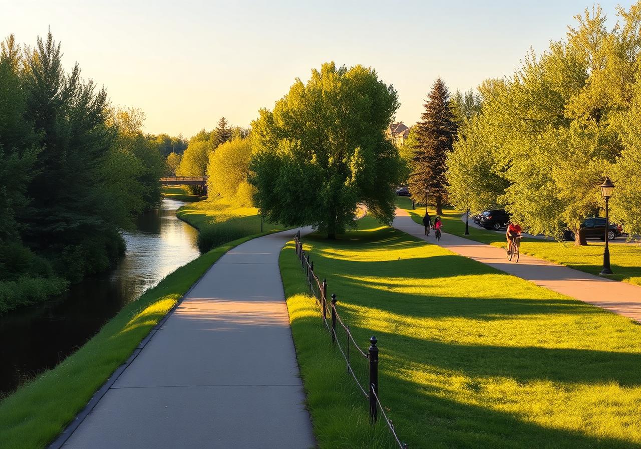 Bow River pathway with paved trail, mature trees, and cyclists
