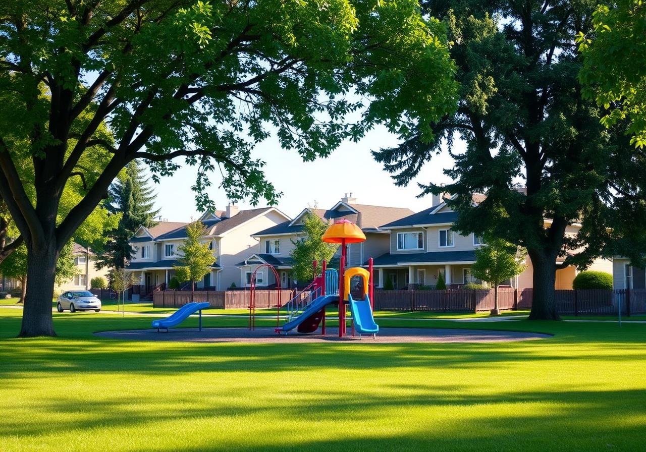Neighbourhood playground surrounded by mature trees and family homes