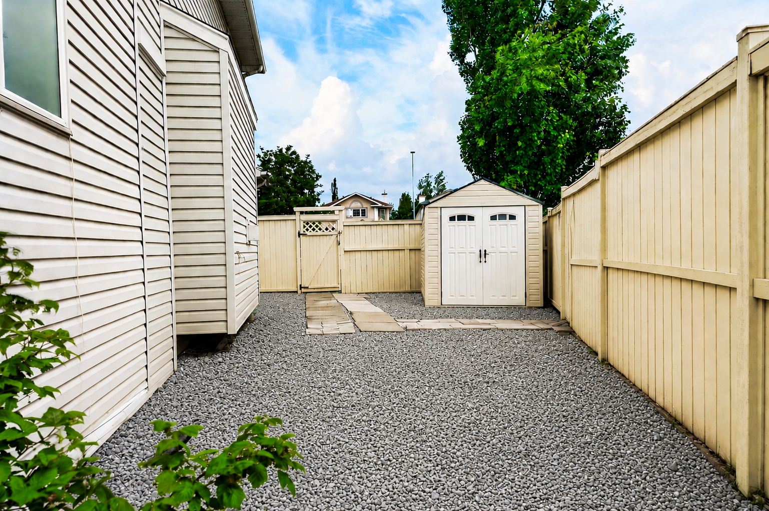 Side yard and storage shed area of the property
